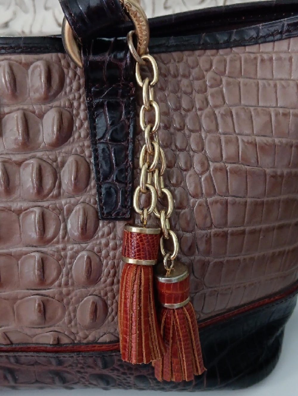 Brahmin Brown and Black Croc-Embossed Leather Satchel with Tassel - Picture 3 of 11